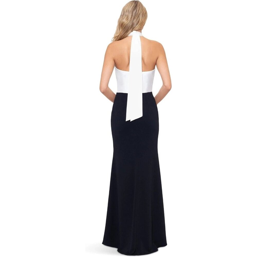 Betsy & Adam Womens Size 2 White Black Scuba Crepe Gown Halterneck Flower - Picture 2 of 2